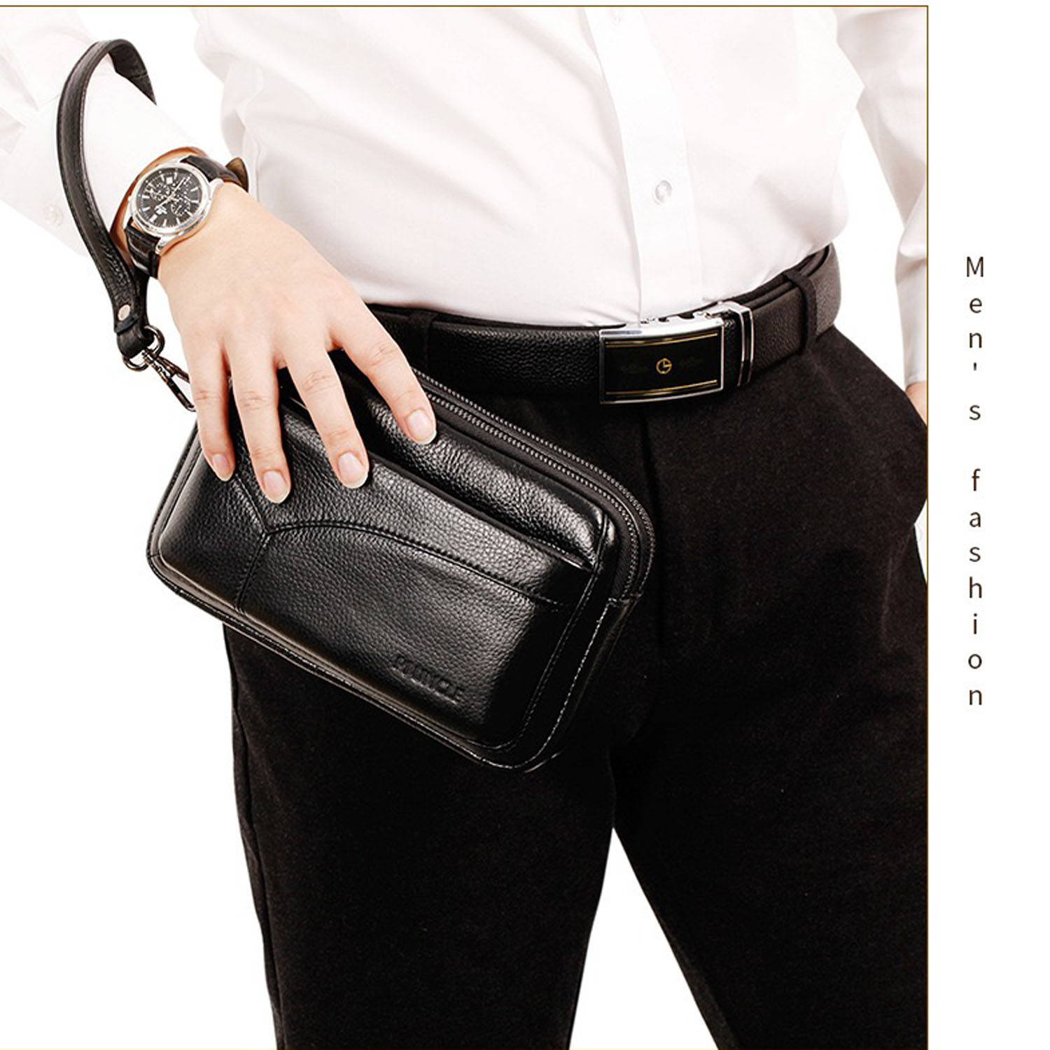Leather Wallet Men - Herenmode-clutch van echt leer, vintage polsbandje,